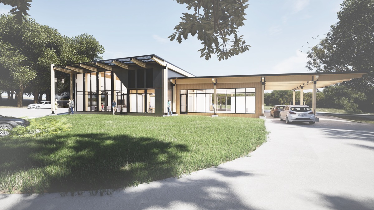 Conceptual rendering of the Mount Dora branch from the front lawn, showing the glass entrance and covered drive-through