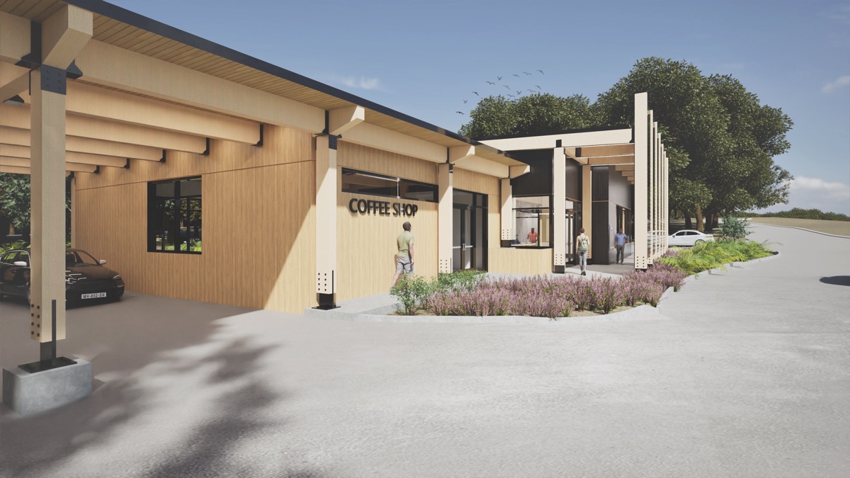 Conceptual rendering of the Mount Dora branch coffee shop entrance beneath the covered walkway