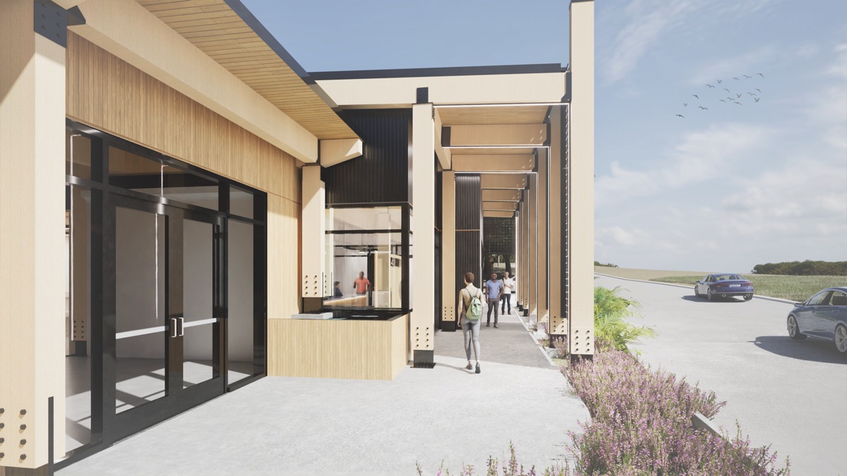Conceptual rendering of the covered walkway along the Mount Dora branch with a walk-up coffee window