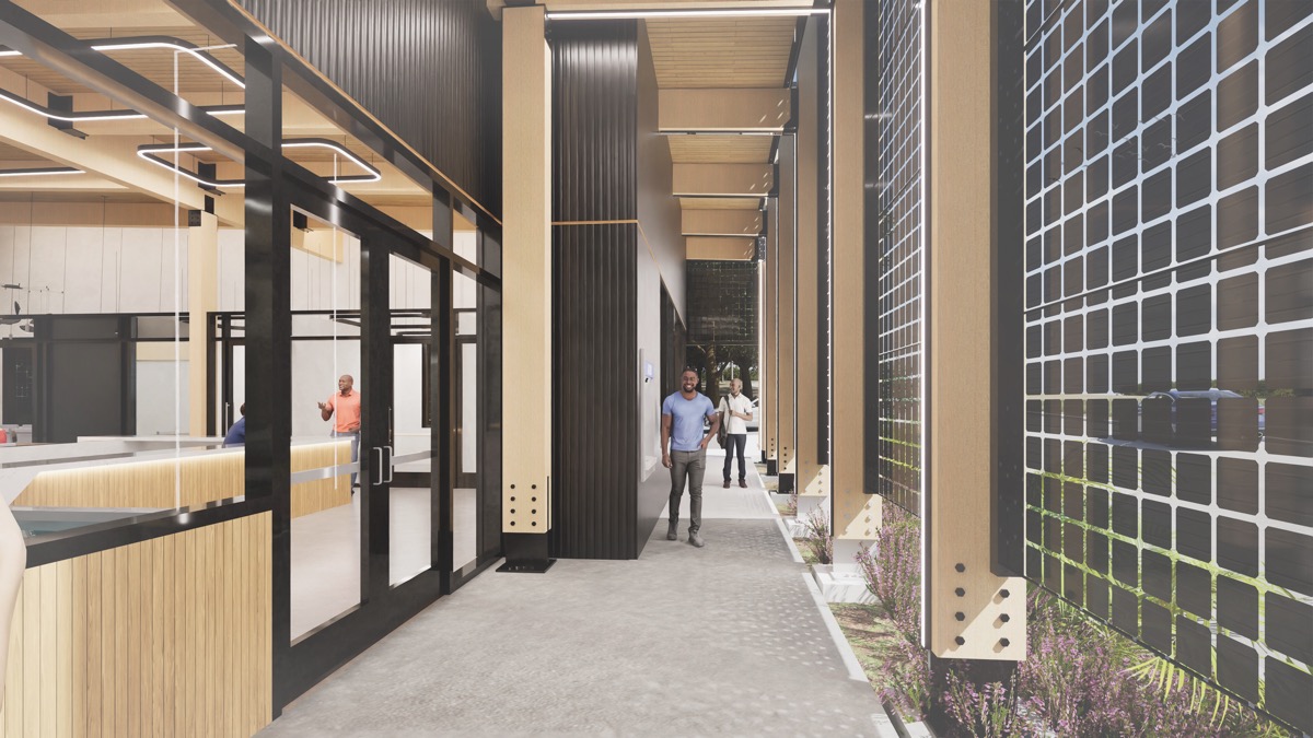 Conceptual rendering of visitors walking along the shaded Mount Dora branch walkway beside the glass storefront