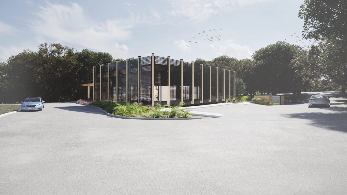 Conceptual rendering of the Mount Dora branch from the parking lot, showing the screened facade and landscaped island