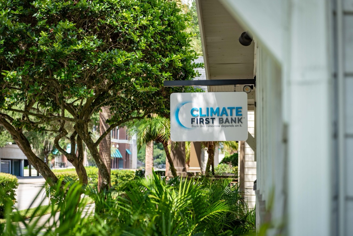 Climate First Bank sign hanging outside the Downtown Orlando branch