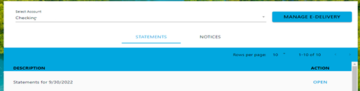 Bank account dashboard showing checking statements dated 9/30/2022 with option to manage e-delivery and open statements.