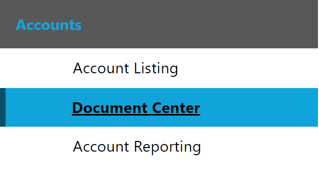 Menu with Accounts header and options: Account Listing, highlighted Document Center, Account Reporting.