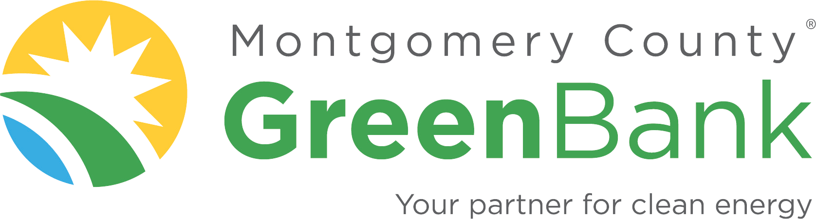 Montgomery County Green Bank logo. Your partner for clean energy.